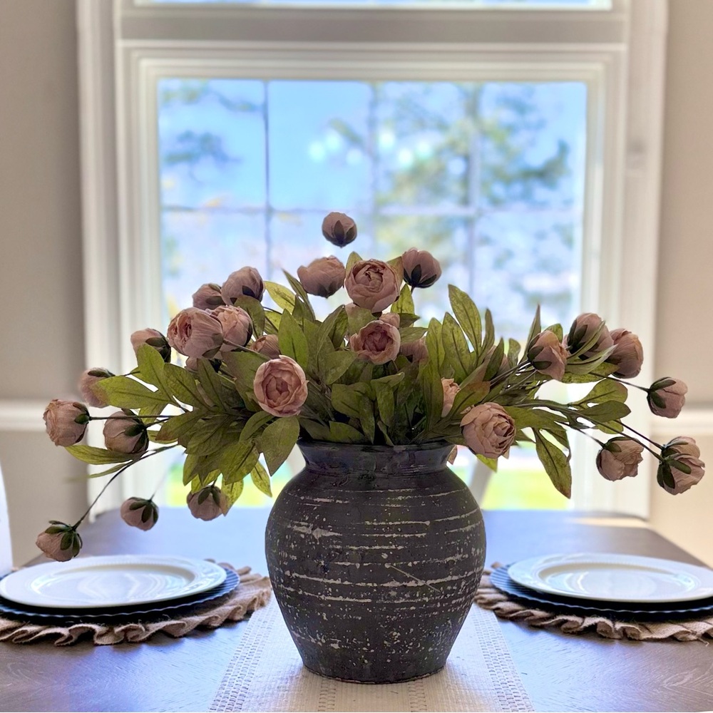 Viral Tan Peony Stems by Ashland Arrangement in Gray and White Distressed Vase.